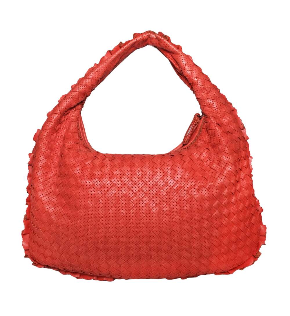 Bottega Veneta Red Intrecciato Perforated Leather Ruffle Hobo Bag